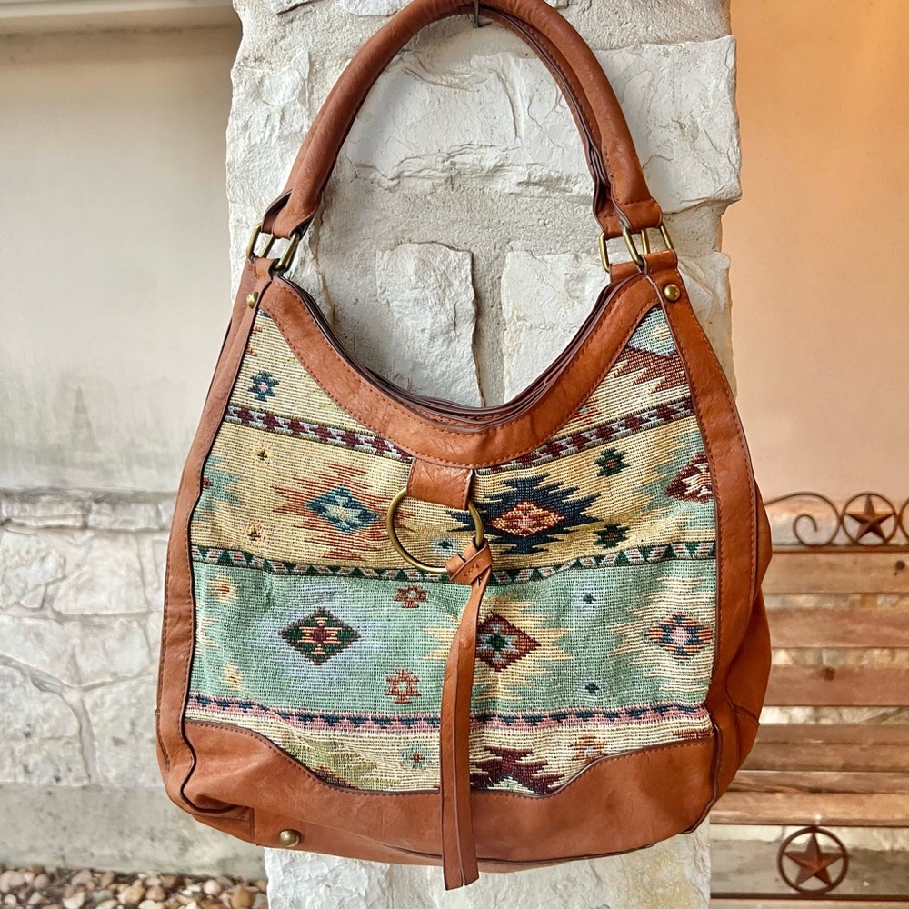 Bueno Brown and Green Hobo Bag with Southwestern Design